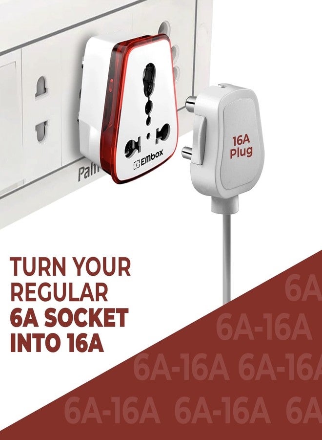 EMBOX محول قابس من 6 أمبير إلى 16 أمبير من إمبوكس لأجهزة تسخين المياه، والثلاجات، وأفران الميكروويف، والأجهزة المنزلية الثقيلة - مقبس 16 أمبير مع منافذ ثلاثية الأطراف مناسب لجميع المقابس الدولية (عبوة من قطعة واحدة) - Image 2